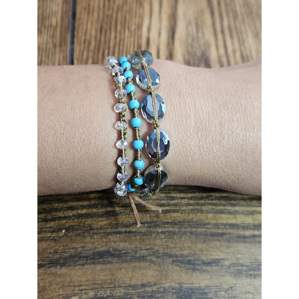 Boho Turquoise Macrame Beaded Wrap Bracelet Smoky Crystal Multi Strand Layered